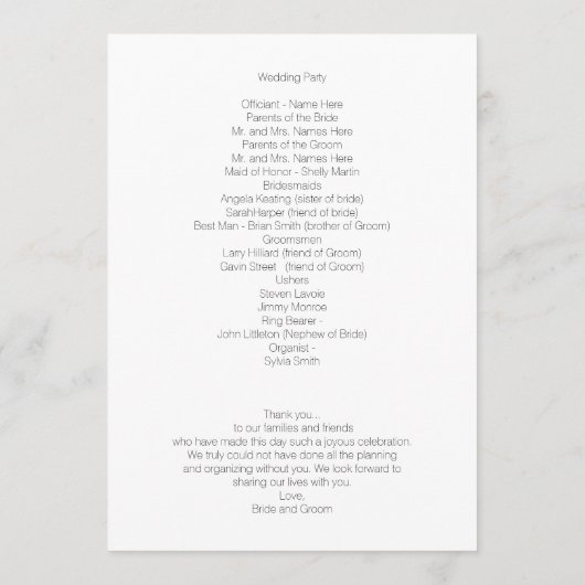 プレーン白黒フラット結婚式 プログラムテンプレート プログラム (裏面)