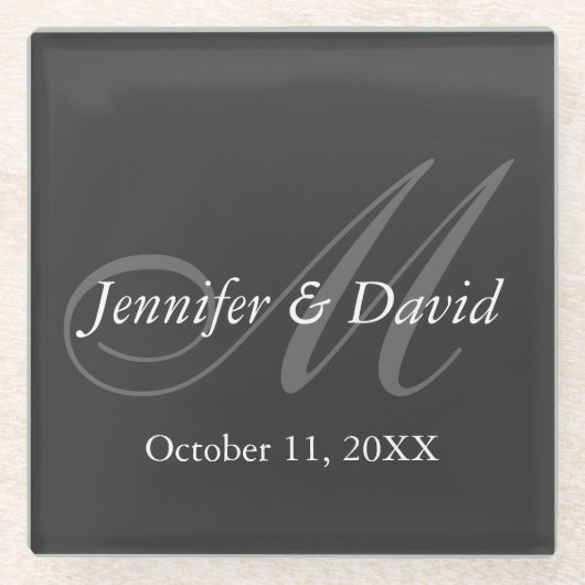 プレーン・グレイ結婚・モノグラムの新郎新婦の名前 ガラスコースター (正面)
