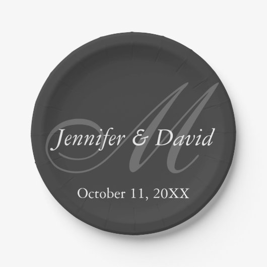 プレーン・グレイ結婚・モノグラムの新郎新婦の名前 ペーパープレート (正面)
