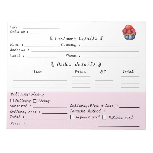 プロのケーキ屋さんのカップケーキ注文フォーム ノートパッド (正面)