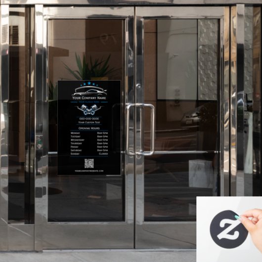 プロの自動車修理、営業時間 ウィンドウサイン (オフィスドア)