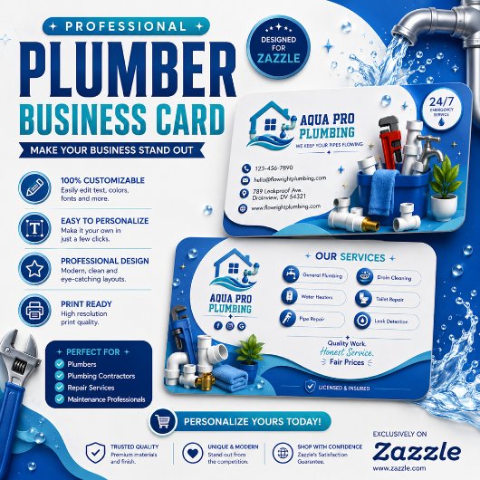 プロの配管工ビジネスカード | PLUMBING 名刺