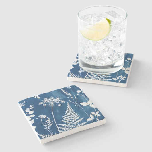 プロイセンインディゴブルーのシアノタイプのシダ植物の植物画 ストーンコースター (横)