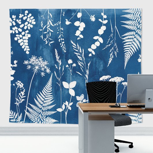 プロイセンインディゴブルーのシアノタイプのシダ植物の植物画 タペストリー