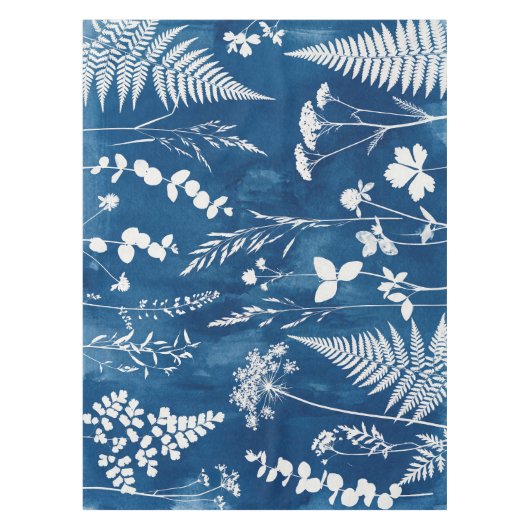 プロイセンインディゴブルーのシアノタイプのシダ植物の植物画 テーブルクロス (正面)