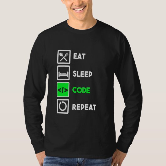プログラマおもしろいー食べのスリープ・コードの繰り返し Tシャツ (正面)