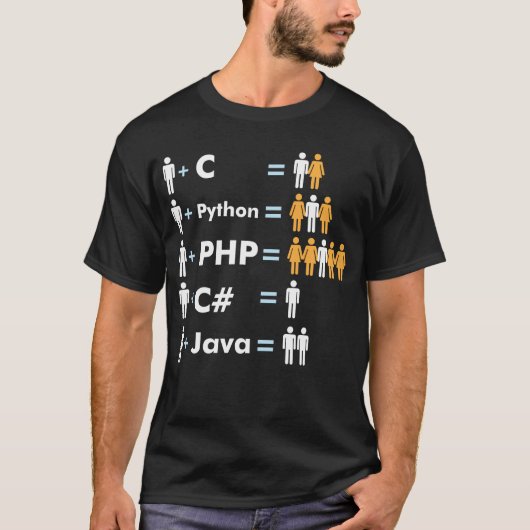 プログラマコーディングC Python PHP Javaが男性を引き付ける Tシャツ (正面)