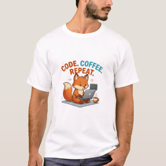 プログラマーにゃんこTシャツ | かわいいキツネのコードコーヒーリピート Tシャツ