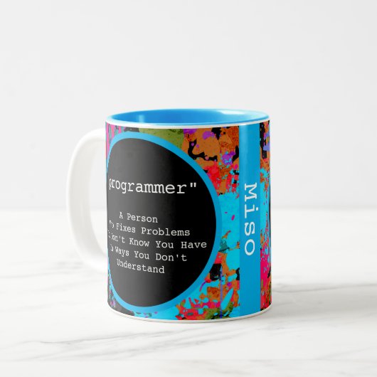 プログラマーカラフルコーダ(ばちゃばちゃ)跳ねる抽象芸術 ツートーンマグカップ (正面左)