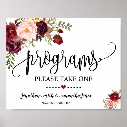 プログラムが結婚式のボヘミアンスタイルのマーズラフラワーの式次第に署名する ポスター (正面)