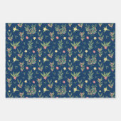 プロシアンブルー、グリーン&サーモンオリーブブランチパターン ラッピングペーパーシート (正面3)