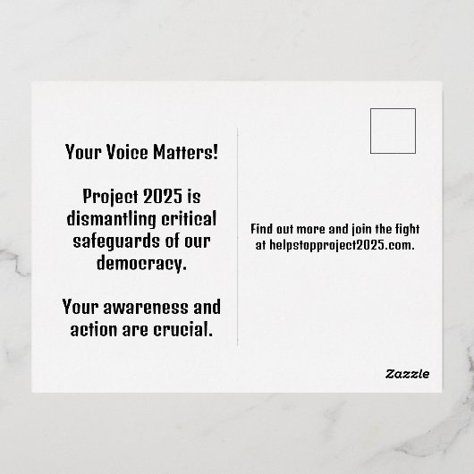 プロジェストップクト2025 – 民主主義を守る – 青に投票 箔シーズンポストカード (裏面)