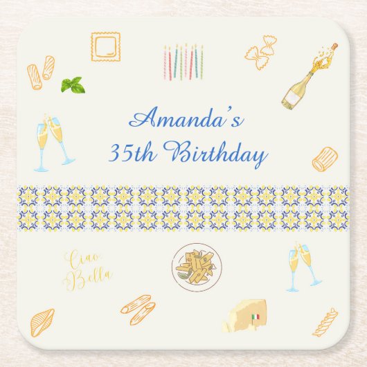 プロセッコとパスタの誕生日 スクエアペーパーコースター (正面)