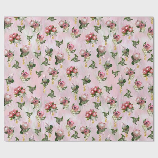 プロテアの花の花房とセージ葉の花 ラッピングペーパー (フラット)