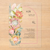 プロテアの花パンパスグラスとユーカリ結婚スの アクリル招待状 (正面)