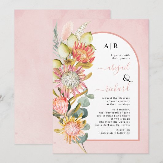 プロテアの花、パンパス草、ユーカリのウェディング 招待状 (正面/裏面)