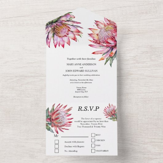 プロテアシュガーブッシュフインボス水彩美化主義者 オールインワン招待状 (内側)