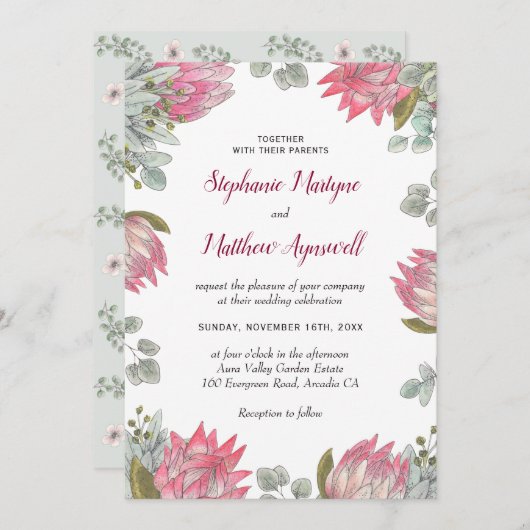 プロテアフラワーユーカリプトゥス葉結婚フローラ 招待状 (正面/裏面)