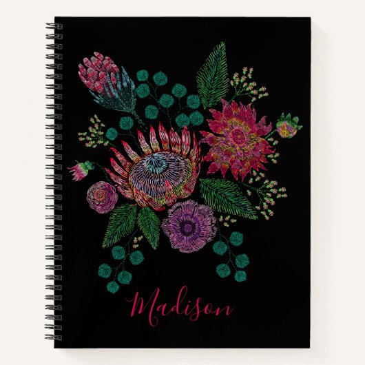 プロテアモダンフローラステッチパーソナライズされた名 ノートブック (正面)