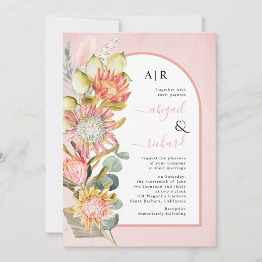 プロテア花QRコードRSVPピンク結婚アーチInvi 招待状 (正面)