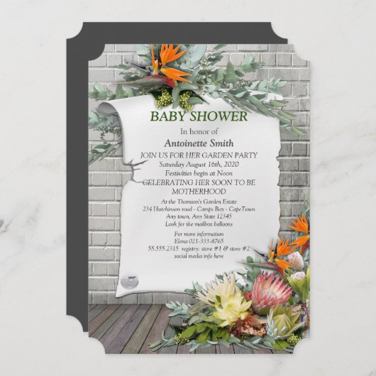 プロテア – Strelitziaフラワーベビーシャワー 招待状 (正面/裏面)