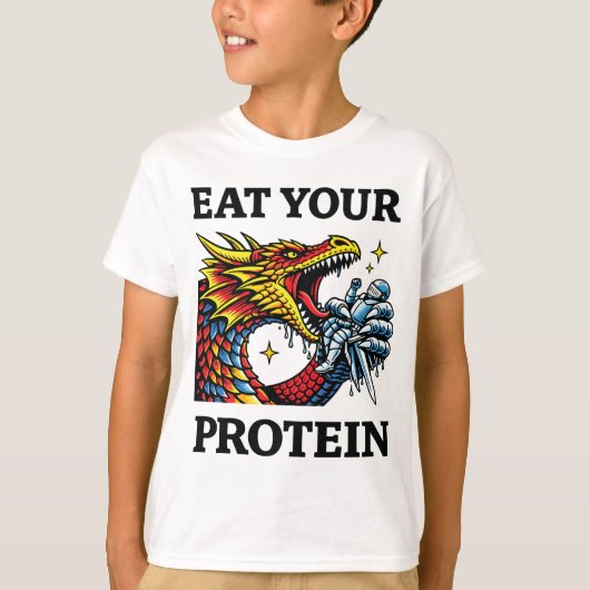 プロテインを摂取せよ - 伝説のドラゴンに食べられる騎士 Tシャツ (正面)