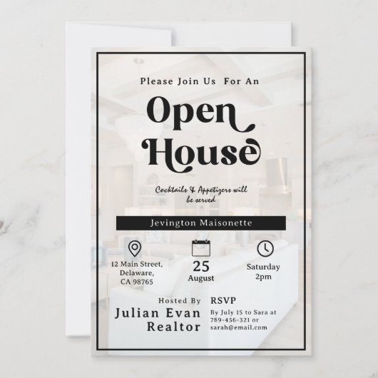 プロパティ写真の背景タイポグラフィオープンハウス 招待状 (正面)