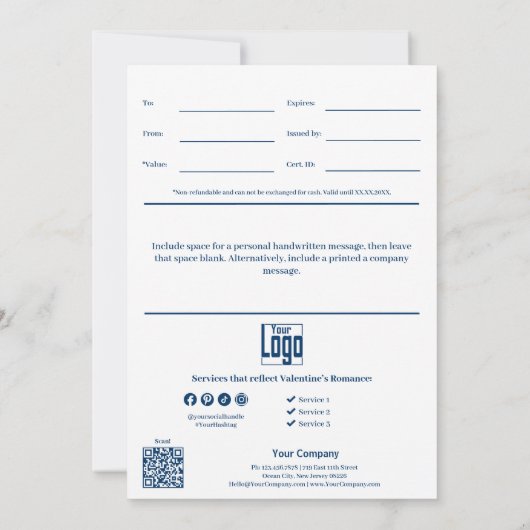 プロフェッショナルなバレンタインデーのギフト証明書 (裏面)