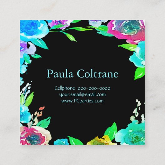 プロフェッショナルな挨拶に最適なカラフルで鮮やかな花々 スクエア名刺 (裏面)