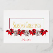 プロフェッショナルな赤と白のポインセチア 箔シーズンカード (正面)