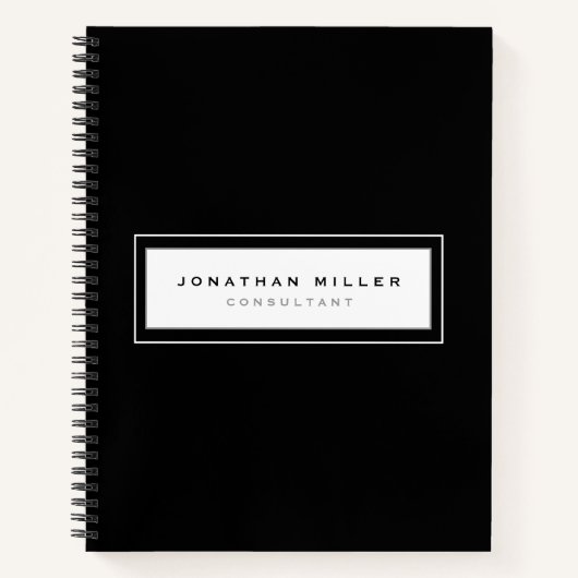 プロフェッショナルの白黒の枠の名前とタイトル ノートブック (正面)