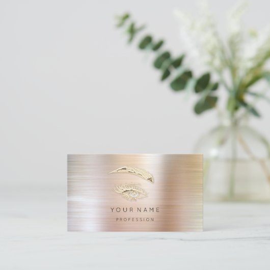 プロフェッショナルの眉毛メイクアップロゴ金ゴールドブラシ 名刺 (スタンド正面)