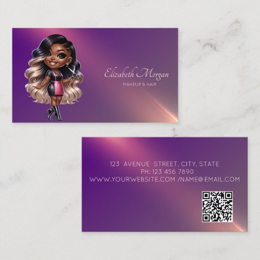 プロフェッショナルアフリカ系アメリカ人の美容師パープル 名刺 (正面/裏面)