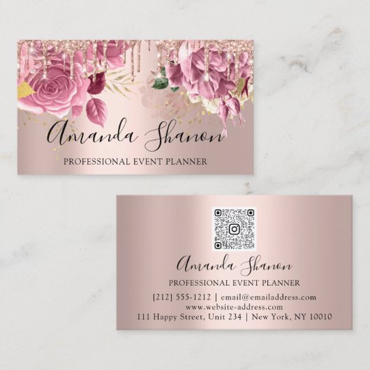 プロフェッショナルイベントプランナーピンクローズQRコード 名刺 (正面/裏面)