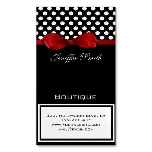 プロフェッショナルエレガントシック水玉模様レッドボウ マグネット名刺 (正面縦)