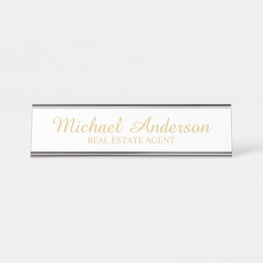 プロフェッショナルエレガントスクリプトの白と金ゴールド デスクネームプレート (正面)