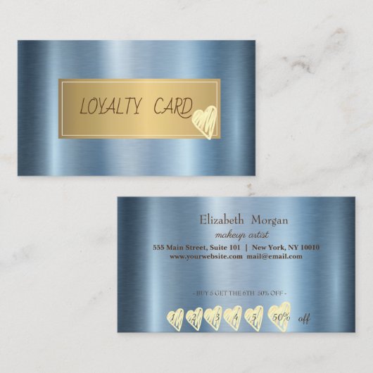 プロフェッショナルエレガントフレーム、ハートブルーメタリック ロイヤリティカード (正面/裏面)