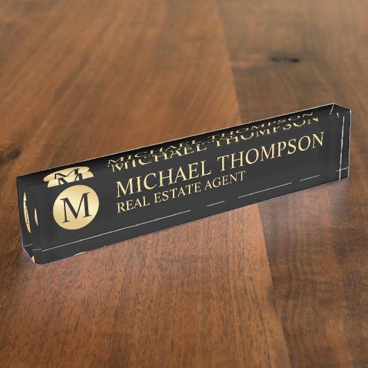 プロフェッショナルエレガントブラックと金ゴールド デスクネームプレート (側面)