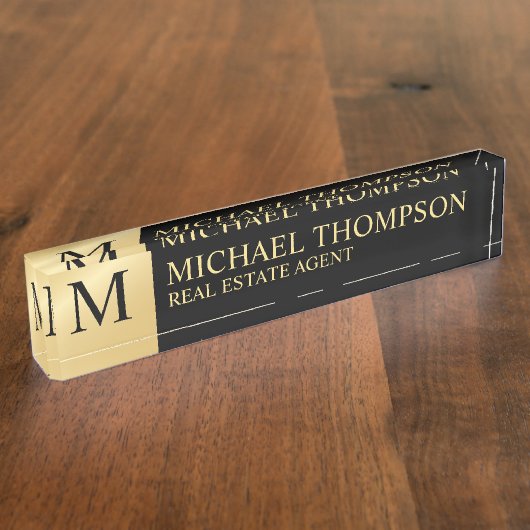 プロフェッショナルエレガントブラックと金ゴールド デスクネームプレート (側面)