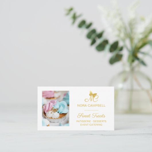 プロフェッショナルエレガントモノグラム金ゴールドバタフライ写真 名刺 (スタンド正面)