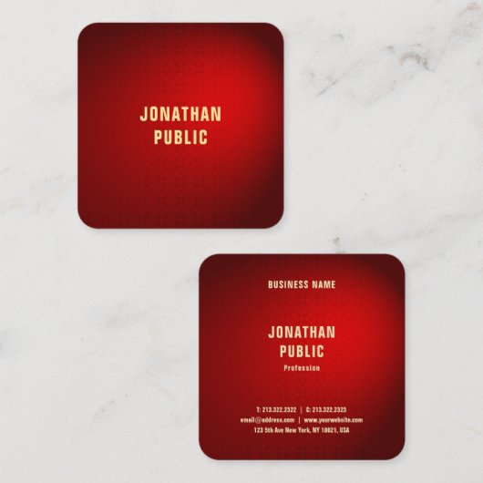 プロフェッショナルエレガントレッドダマスク金ゴールド文字テンプレート スクエア名刺 (正面/裏面)