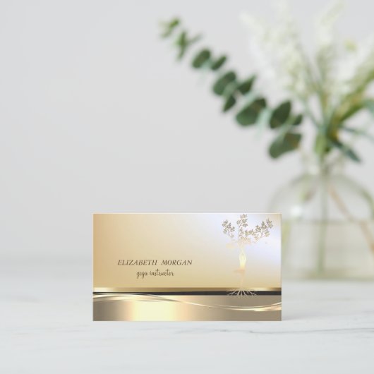 プロフェッショナルエレガント金ゴールドツリー女性シルエット 名刺 (スタンド正面)