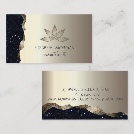 プロフェッショナルエレガント金ゴールドブラックグリッターロータス 名刺 (正面/裏面)