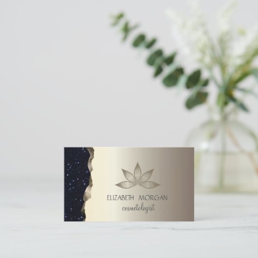 プロフェッショナルエレガント金ゴールドブラックグリッターロータス 名刺 (スタンド正面)