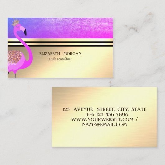プロフェッショナルエレガント金ゴールド、ストライプ、ピンクフラミンゴ 名刺 (正面/裏面)