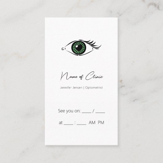 プロフェッショナルオプトメトロリストグリーンハートアイリマインダー 名刺 (正面)