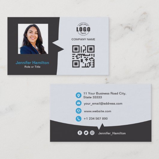 プロフェッショナルカスタムQRCodeフォトグレーブルー 名刺 (正面/裏面)