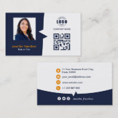 プロフェッショナルカスタムQRCodeフォトダークブルーオレンジ 名刺 (正面/裏面)