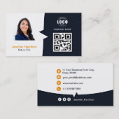 プロフェッショナルカスタムQRCodeフォトネイビーブルーオレンジ 名刺 (正面/裏面)