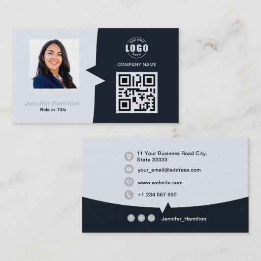 プロフェッショナルカスタムQRCodeフォトネイビーブルーグレー 名刺 (正面/裏面)